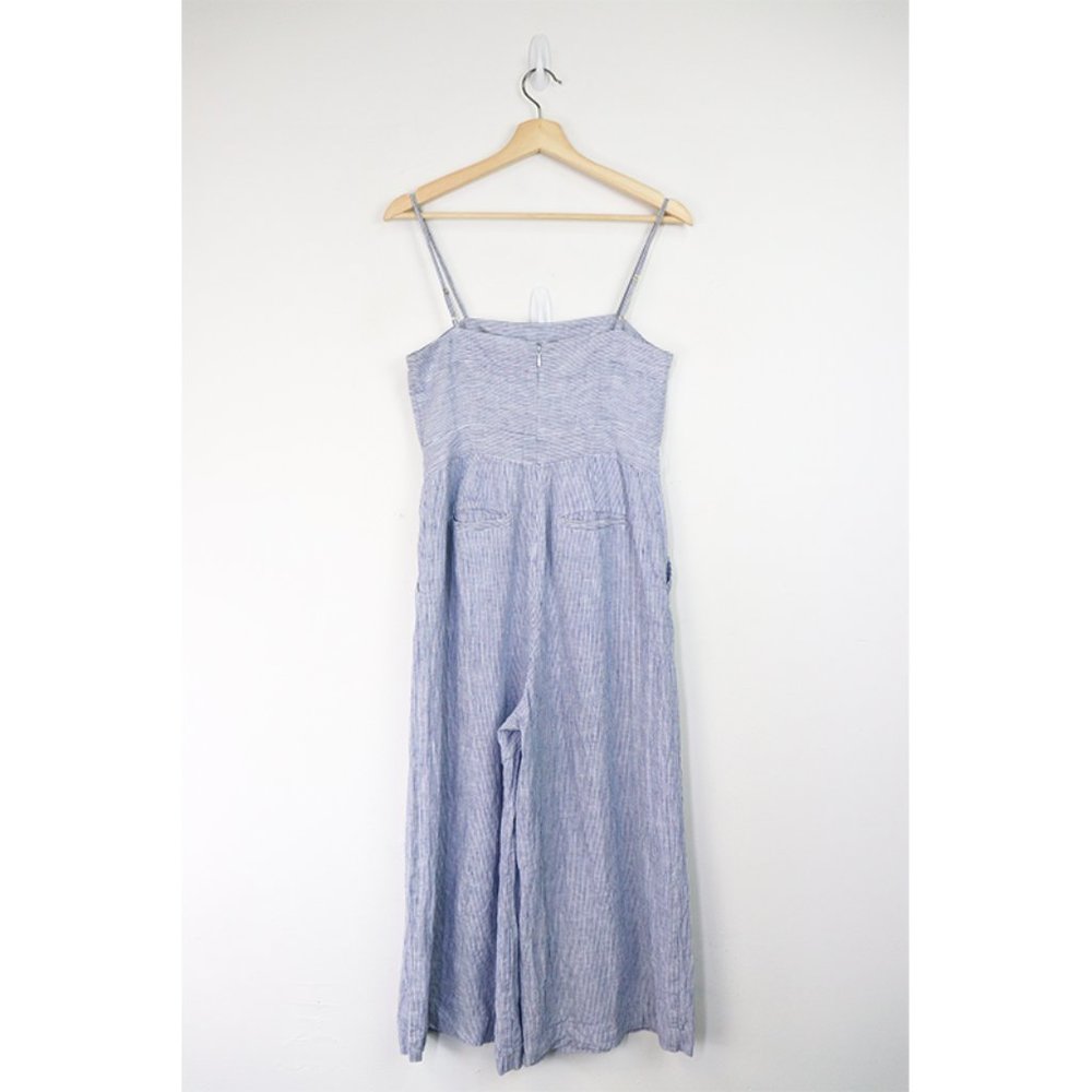 J. Crew Petite Linen Striped Jumpsuit Sleeveless Wide Leg Pinstripe Blue White 2 - Picture 4 of 7